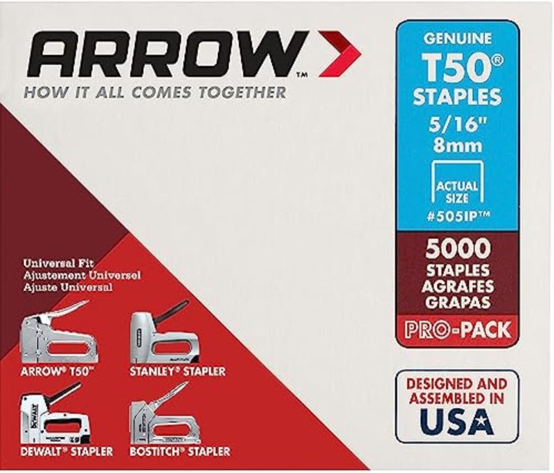 Arrow Fastener دبابيس Arrow Fastener 505IP الثقيلة T50 للتنجيد، البناء، الأثاث، الحرف، حجم تاج 3/8 بوصة، طول الساق 5/16 بوصة، عبوة 5000، مصنوعة في الولايات المتحدة الأمريكية - Image 1